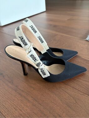 Dior Black Pointed Slingback Pumps with Cream J'Adior Ribbon